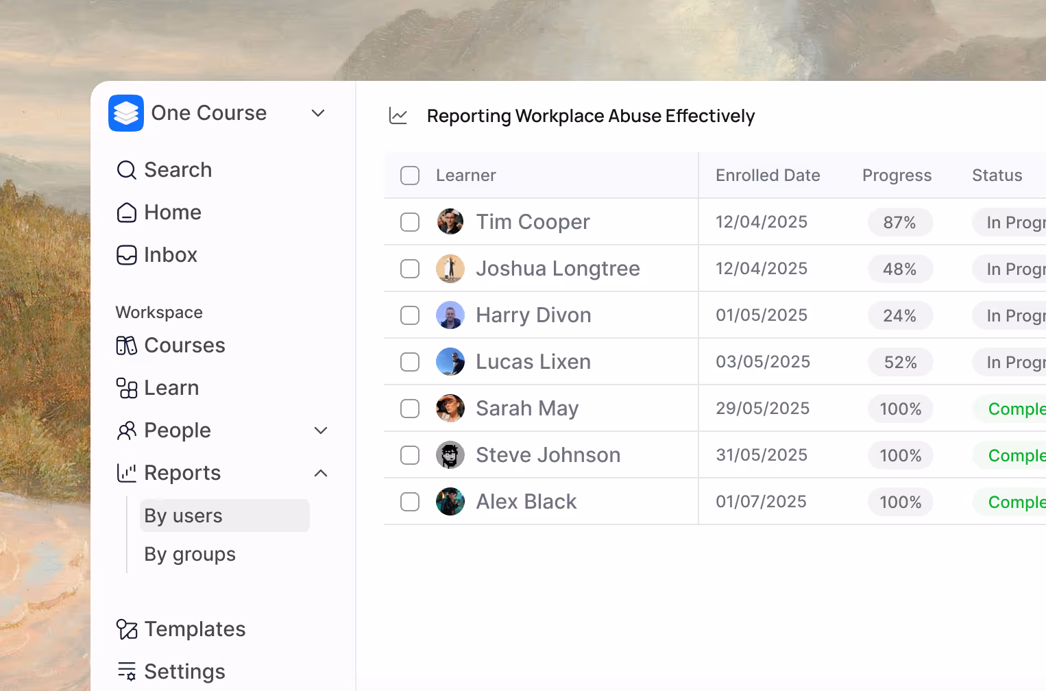 One Course learner management dashboard