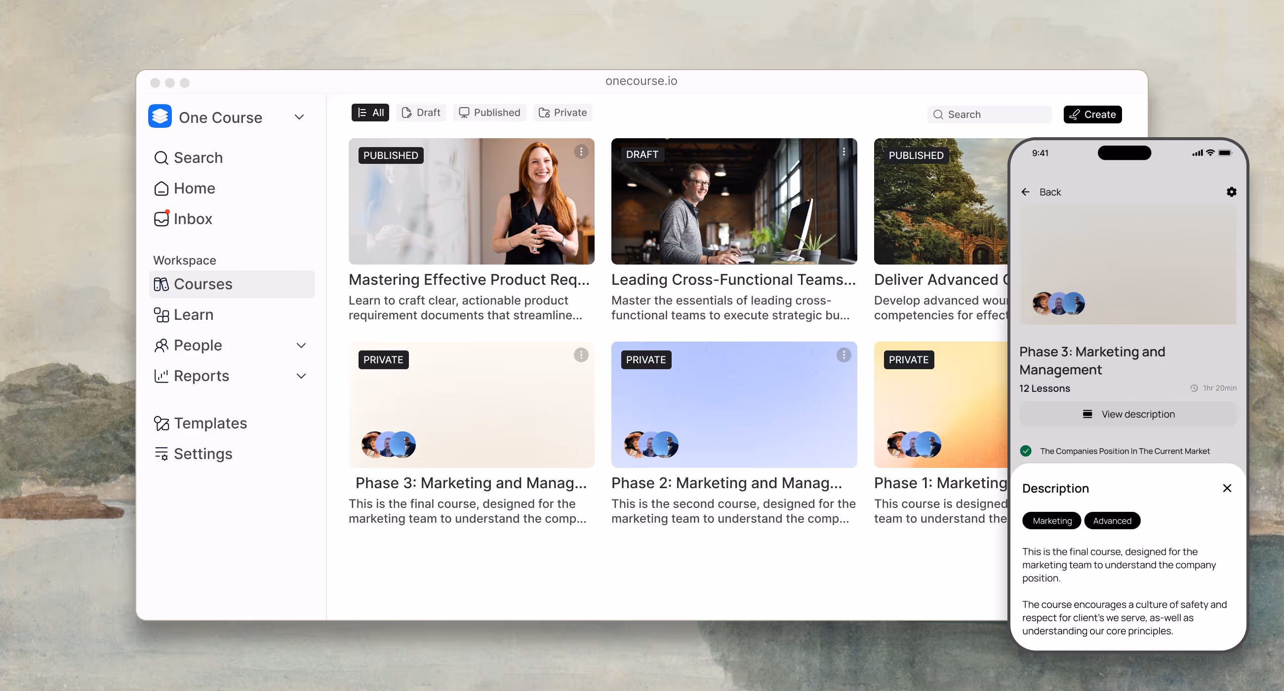 One Course AI-powered learning management system dashboard showing course creation interface